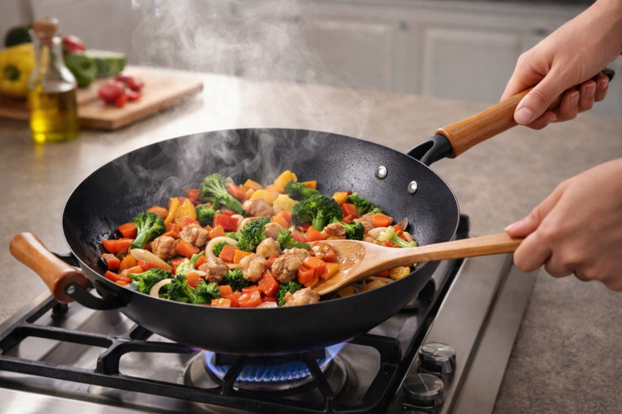 Pan Wok 34cm Deep Handle Wooden Induction Brand Nice Life
