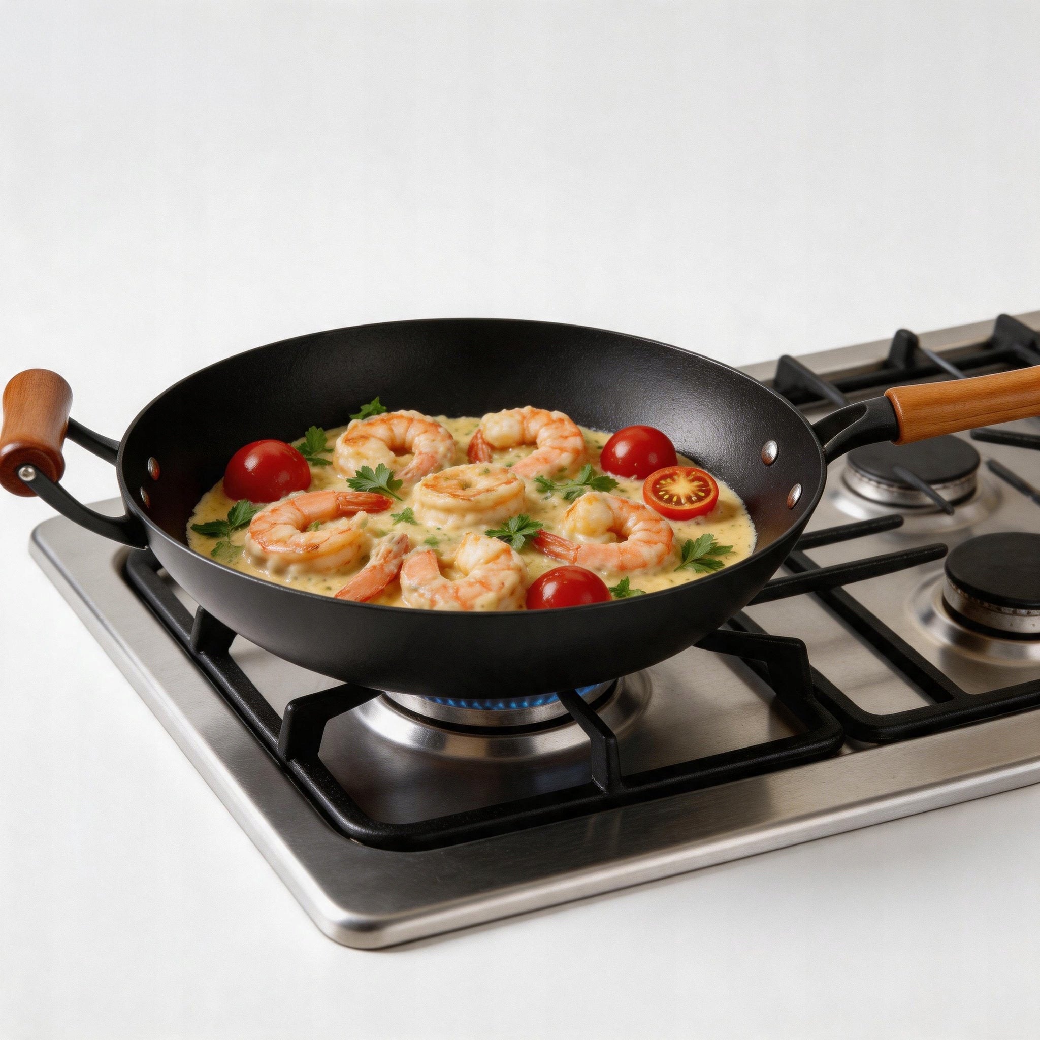 Pan Wok 34cm Deep Handle Wooden Induction