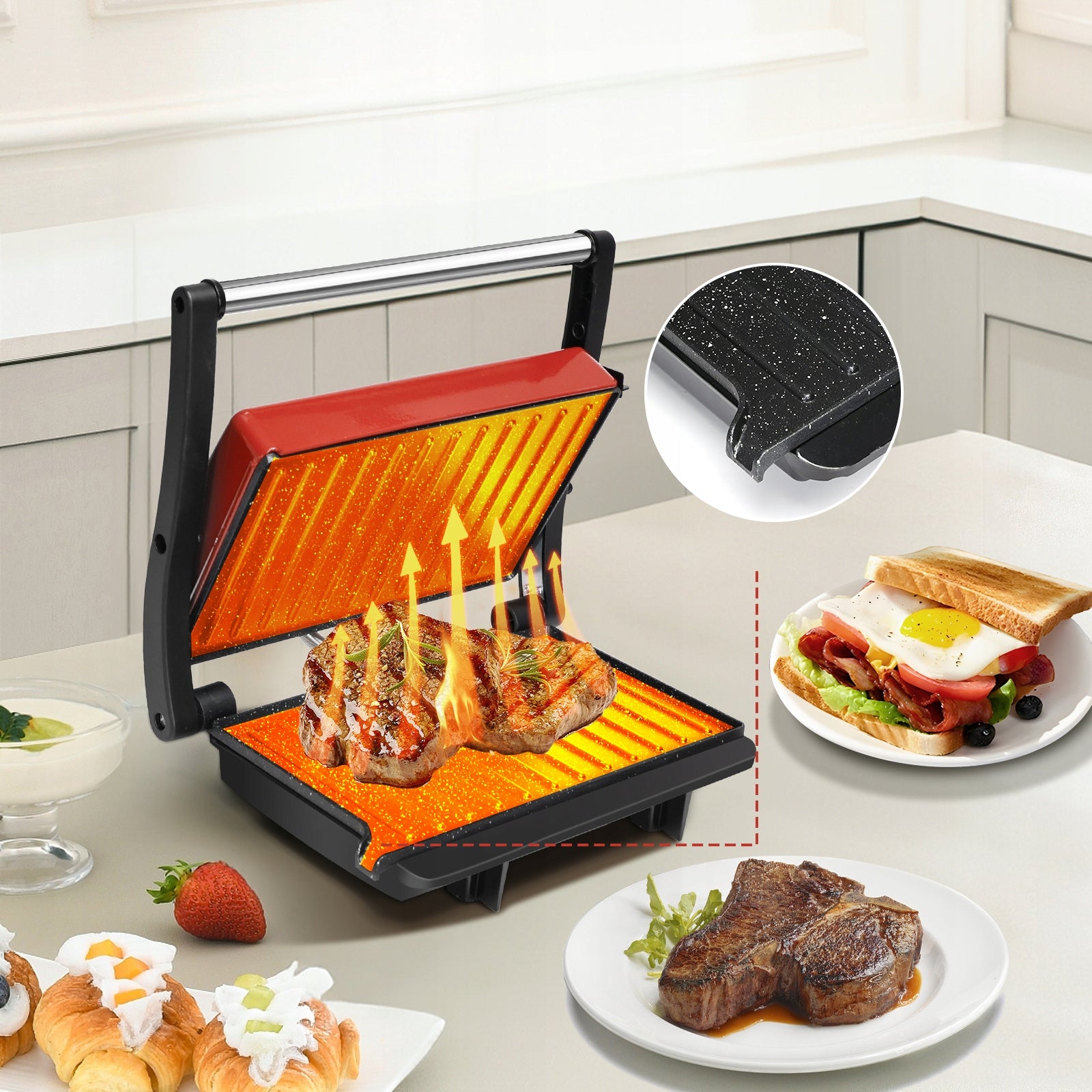 Panini sandwich maker 1000W grill 180° ceramic coating red Manufacturer code B30O43