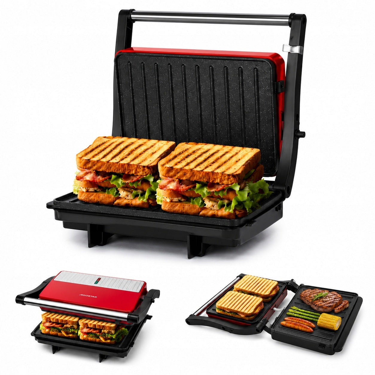 Panini sandwich maker 1000W grill 180° ceramic coating red