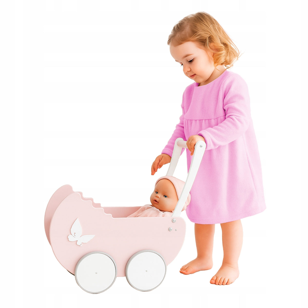 Pastel Wooden Doll Stroller Pusher Ivy Pink White Toy