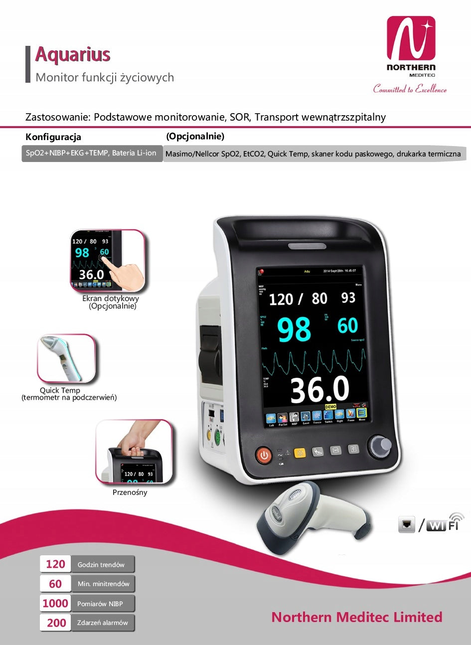 Patient cardiomonitor AQUARIUS, SpO2 NIBP ECG TEMP Warranty 24 m. Brand no brand