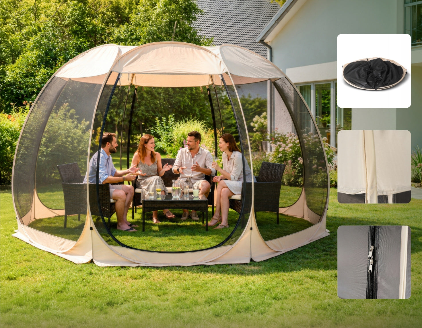 Pavilion Round Garden Gazebo Tent with Mosquito Net Beige CAMA 390 cm Number of side walls more than 8