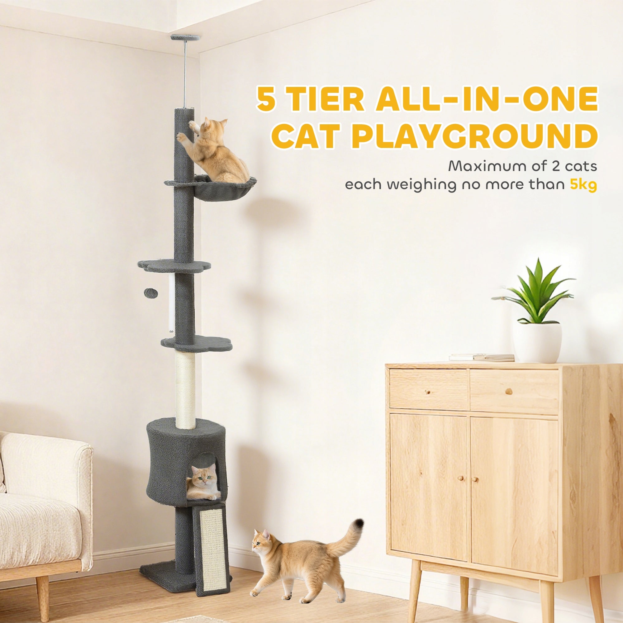 PawHut Ceiling scratcher, adjustable height 200-240 cm with hammock, cave Height (cm) higher than 220 cm