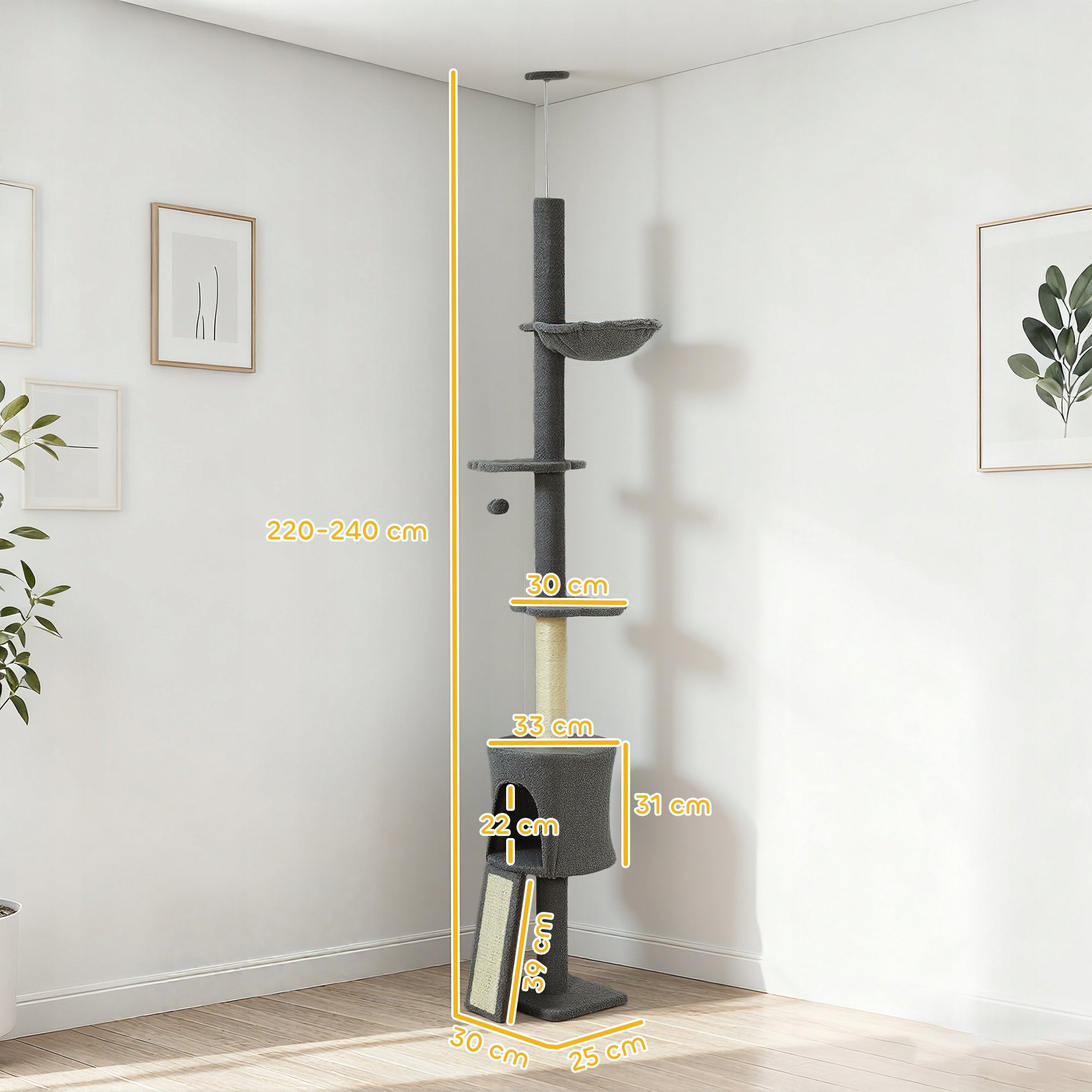 PawHut Ceiling scratcher, adjustable height 200-240 cm with hammock, cave Kind floor-to-ceiling cat tree