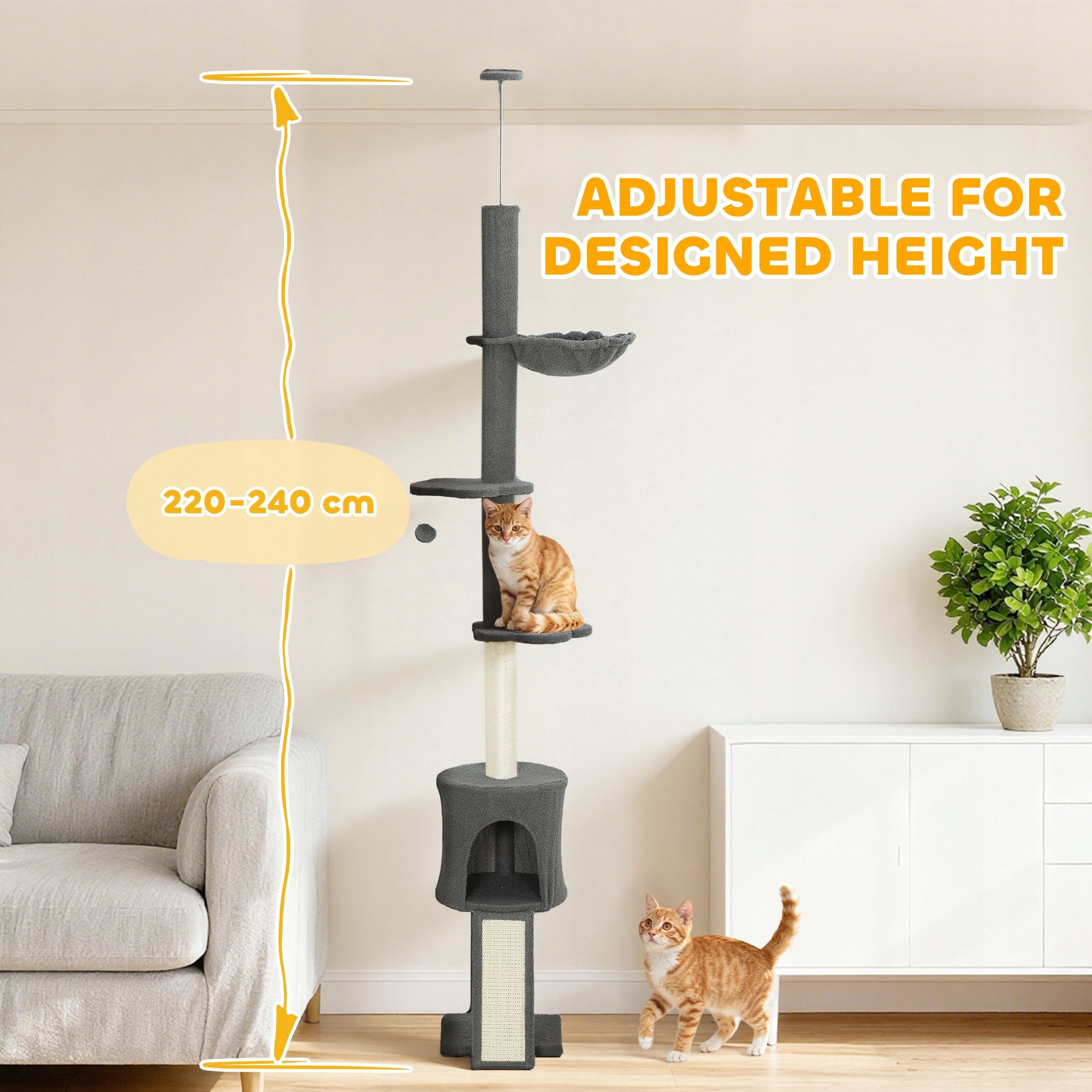 PawHut Ceiling scratcher, adjustable height 200-240 cm with hammock, cave Manufacturer code D30-956V00CG