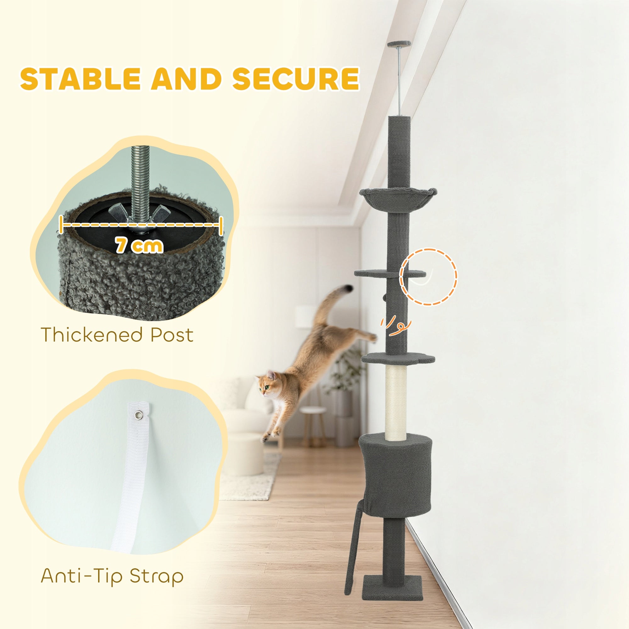 PawHut Ceiling scratcher, adjustable height 200-240 cm with hammock, cave Number of levels over 5