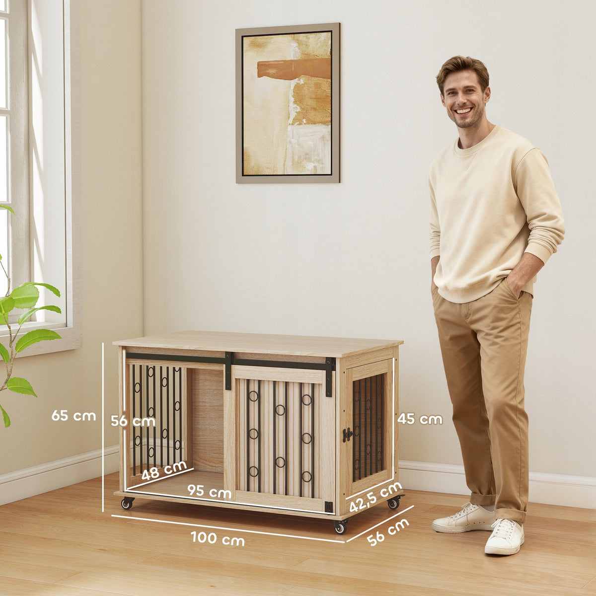 PawHut Dog cage 100 cm on wheels, with 2 sliding doors, oak Manufacturer code D02-249V00AK