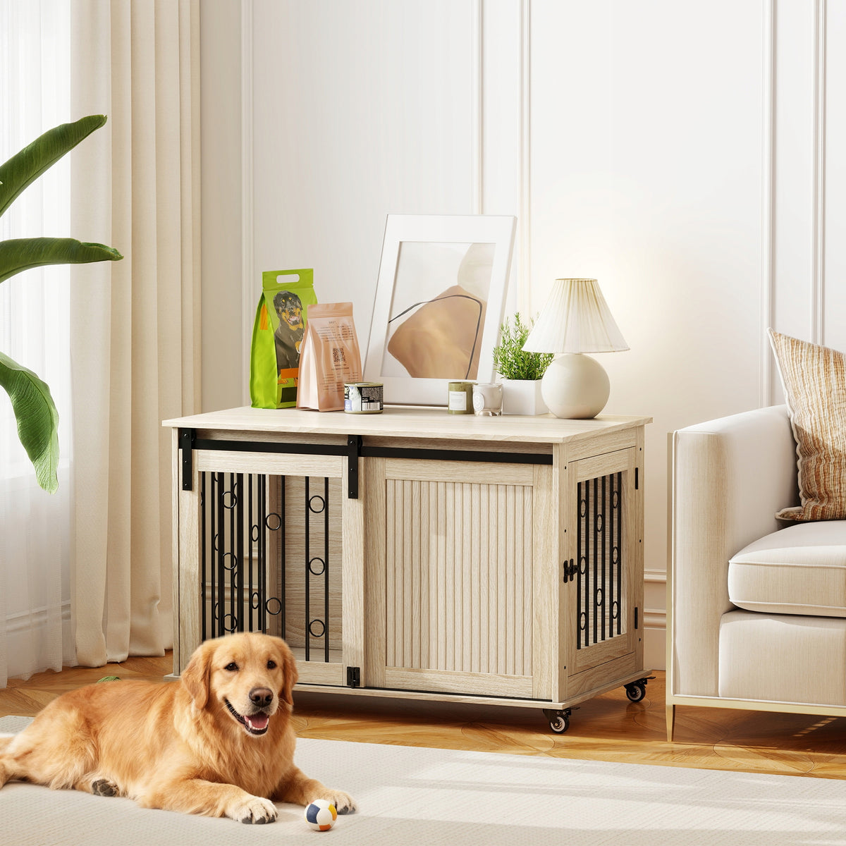 PawHut Dog cage 100 cm on wheels, with 2 sliding doors, oak Packaging status original