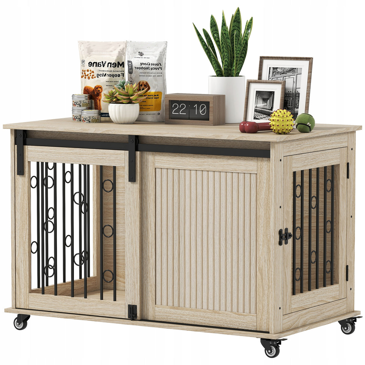PawHut Dog cage 100 cm on wheels, with 2 sliding doors, oak