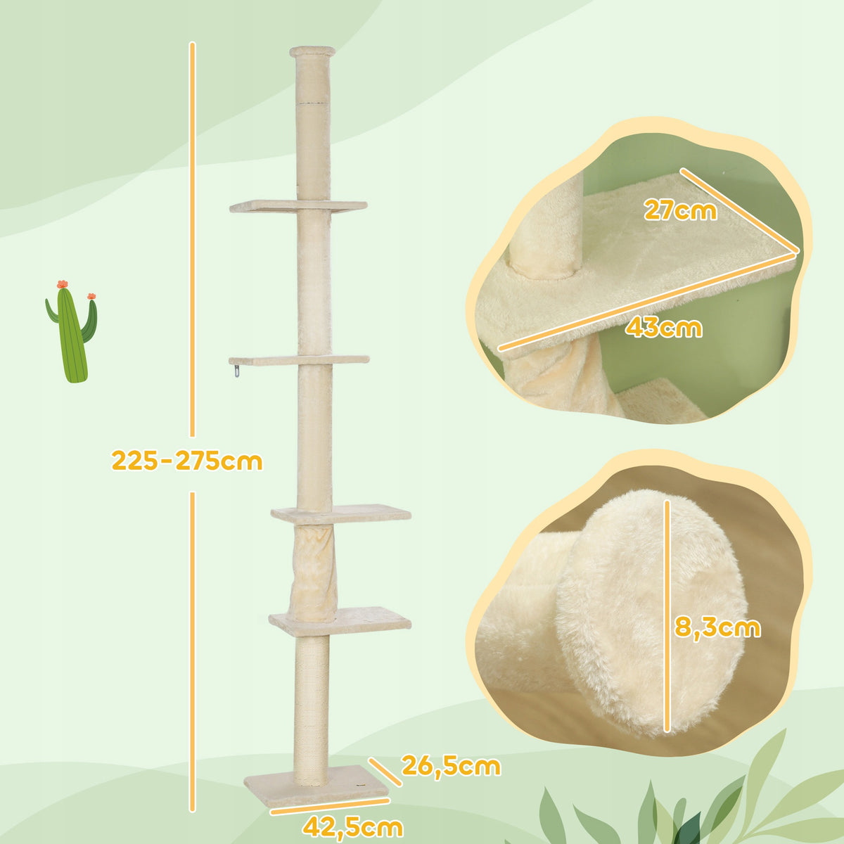 PawHut Multi-level cat tree, 225-275 cm, floor to ceiling Manufacturer code D30-825V00CW