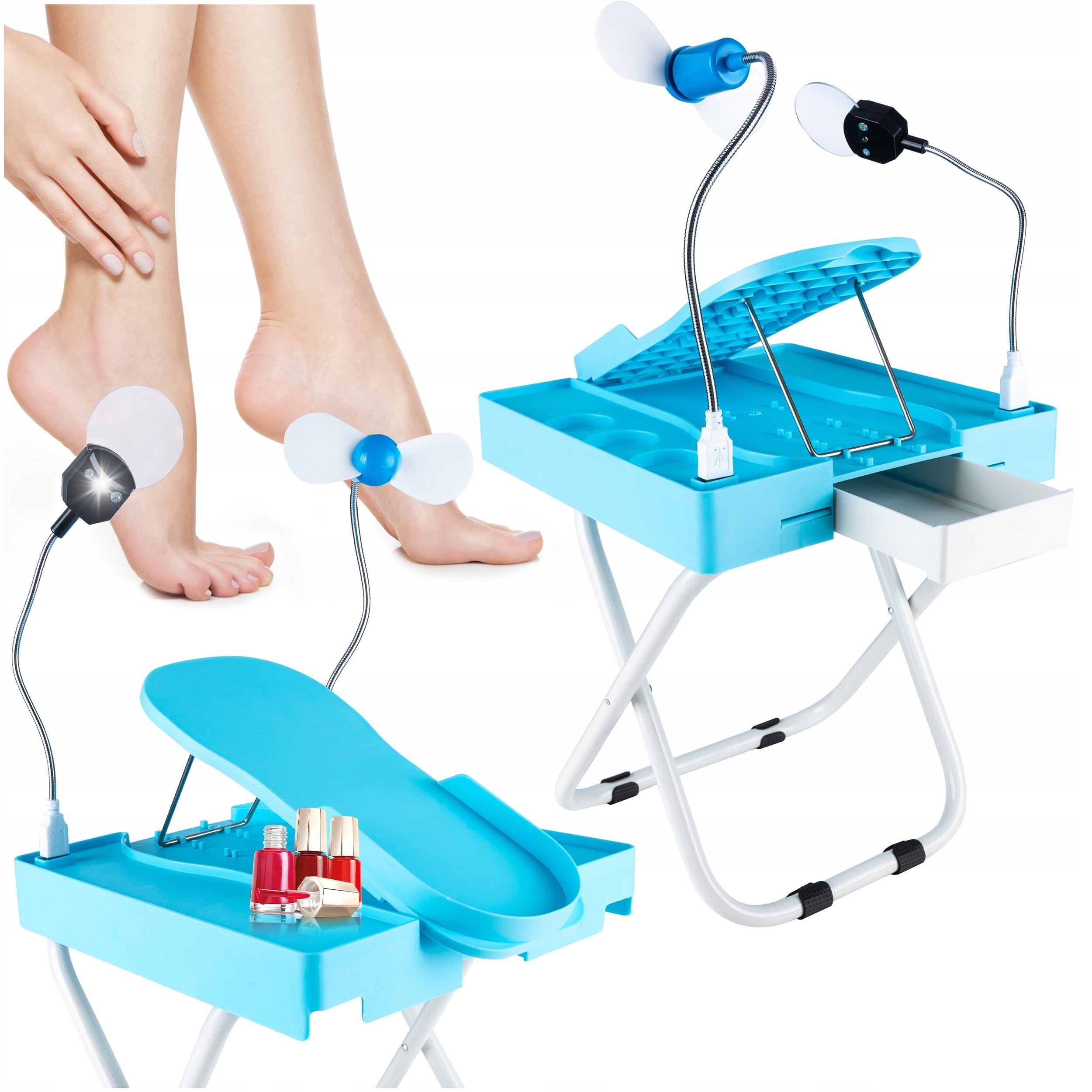 Pedicure Cosmetic Table with Footrest Adjustment and Windmill Packaging status original