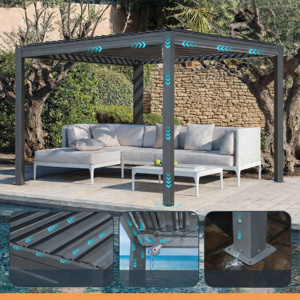 Pergola Gazebo Aluminum Terrace Canopy 3x3 Corciano garden movable roof Width 3 m