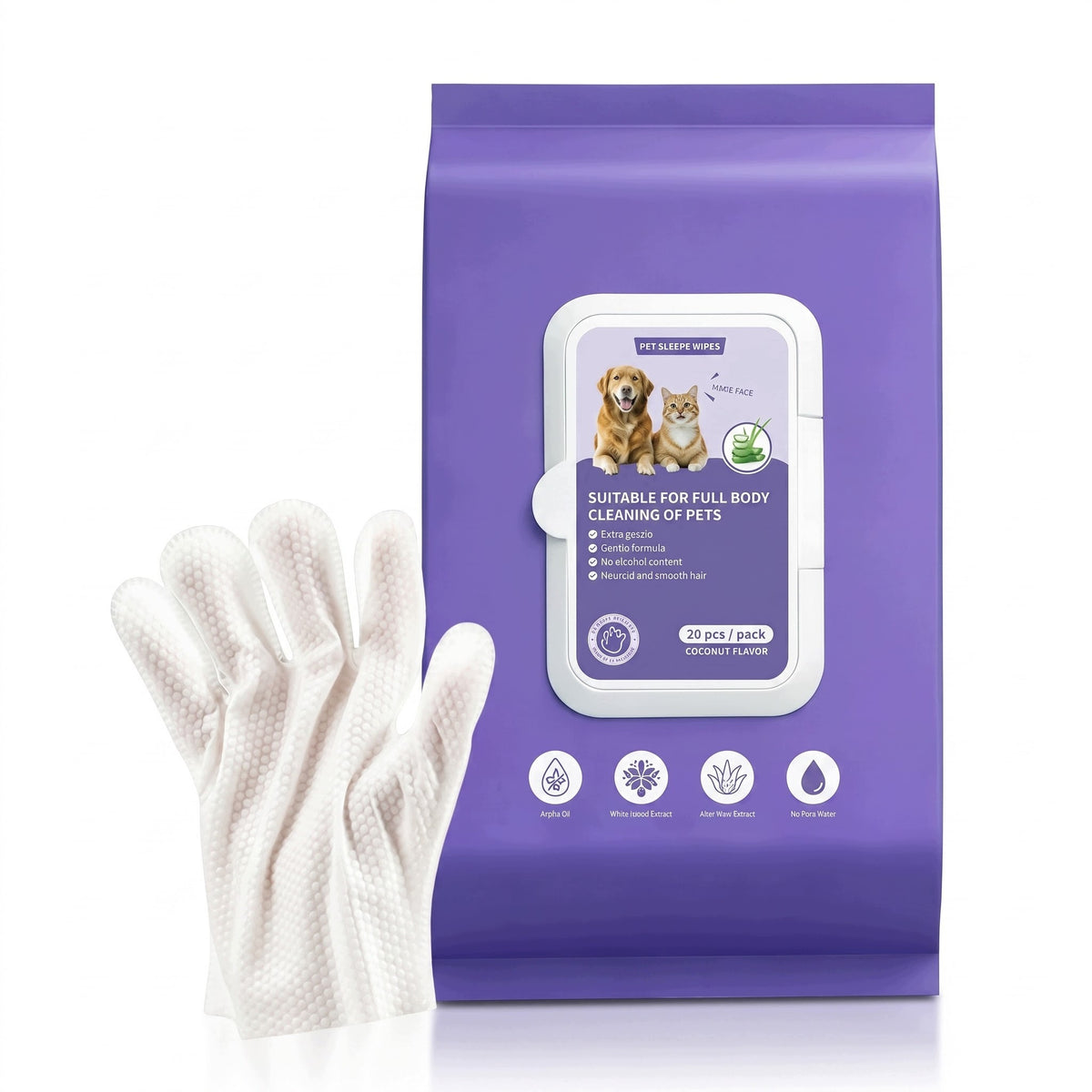 Pet cleaning gloves, wet wipes for dog and cat, without us