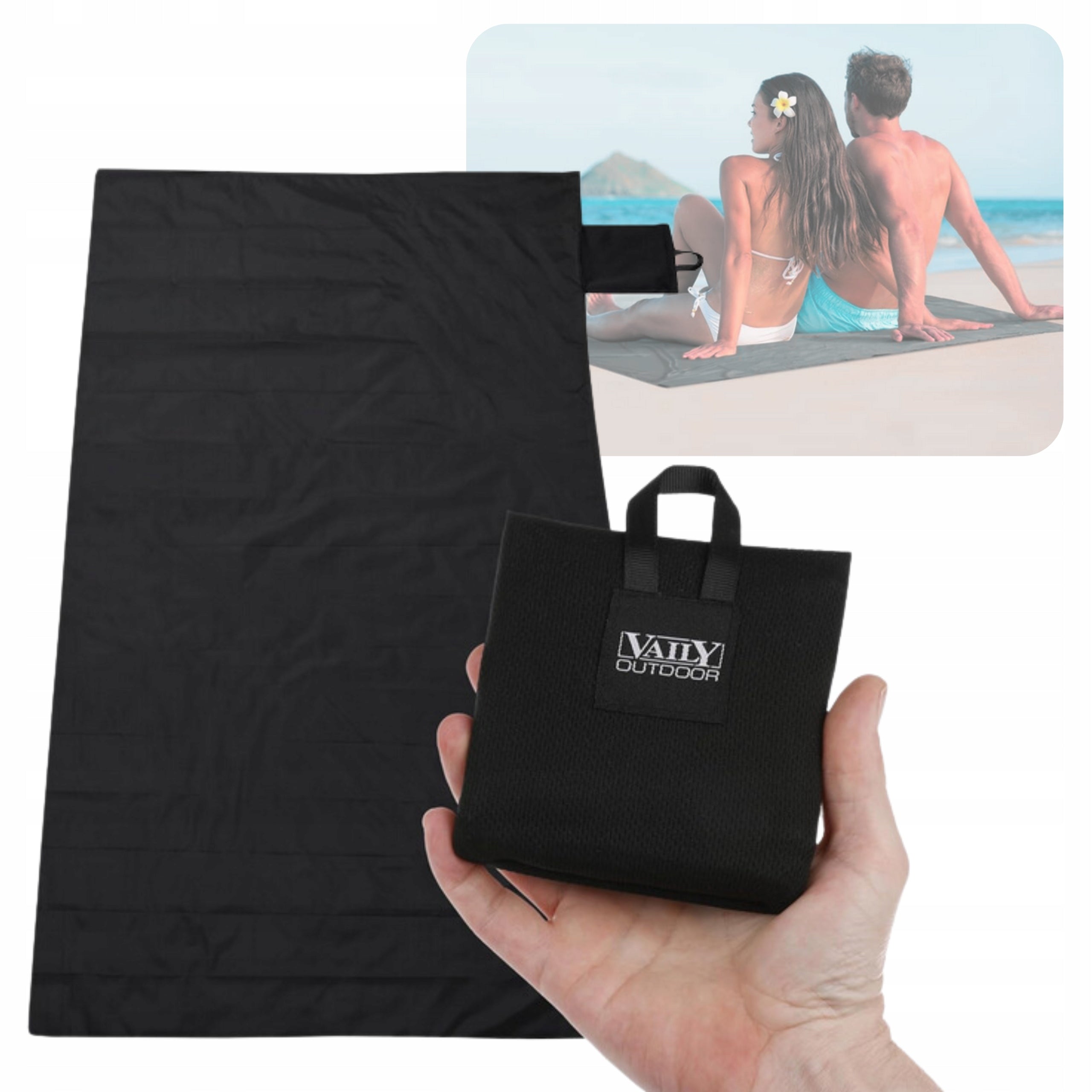 Picnic Blanket Pocket Mini Beach Mat Lightweight Waterproof 140x80cm Color black