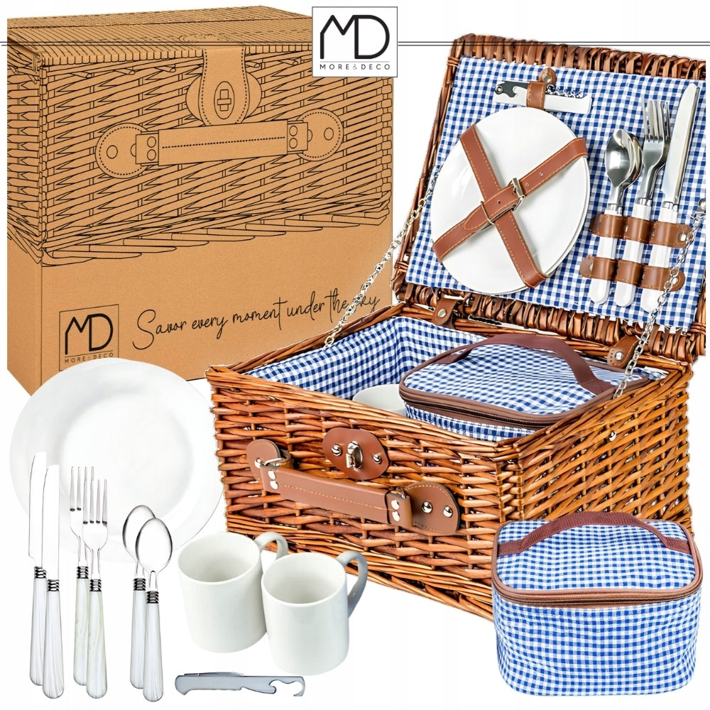 Picnic basket wicker thermo bag cutlery plates for 2 people suitcase Color brown