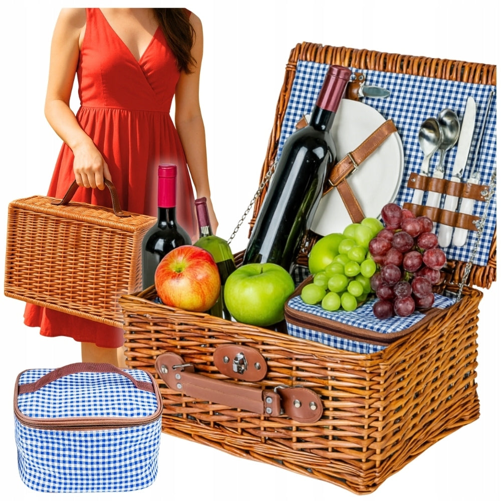 Picnic basket wicker thermo bag cutlery plates for 2 people suitcase