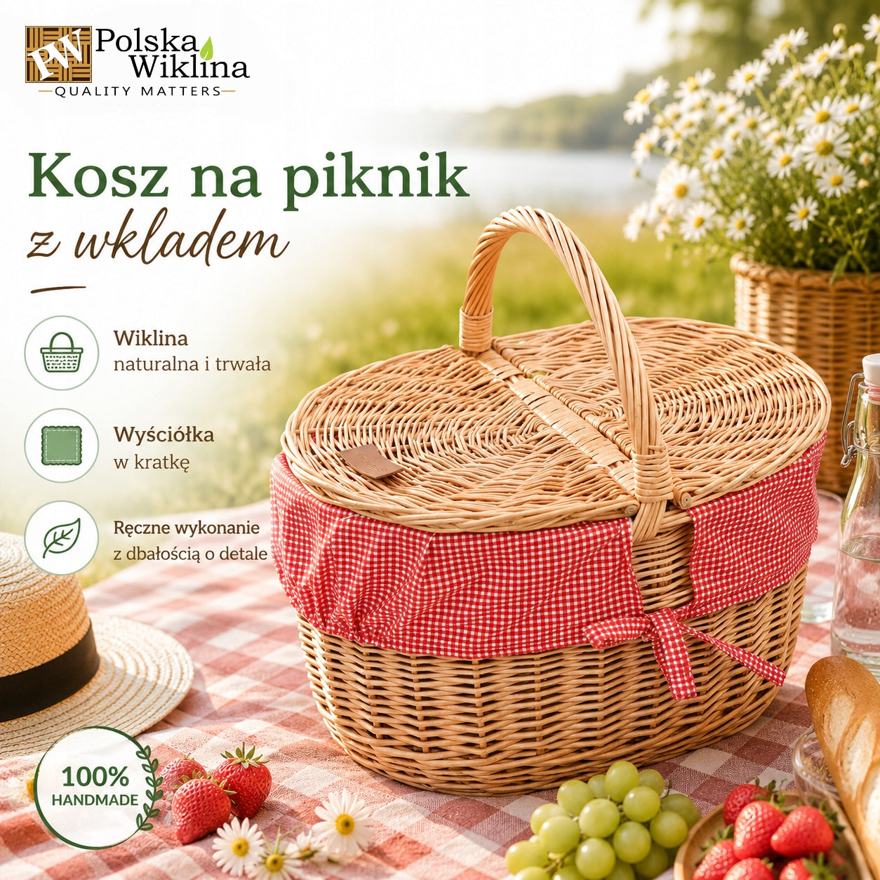 Picnic basket with insert red wicker closed LARGE Manufacturer code PIK-001-9