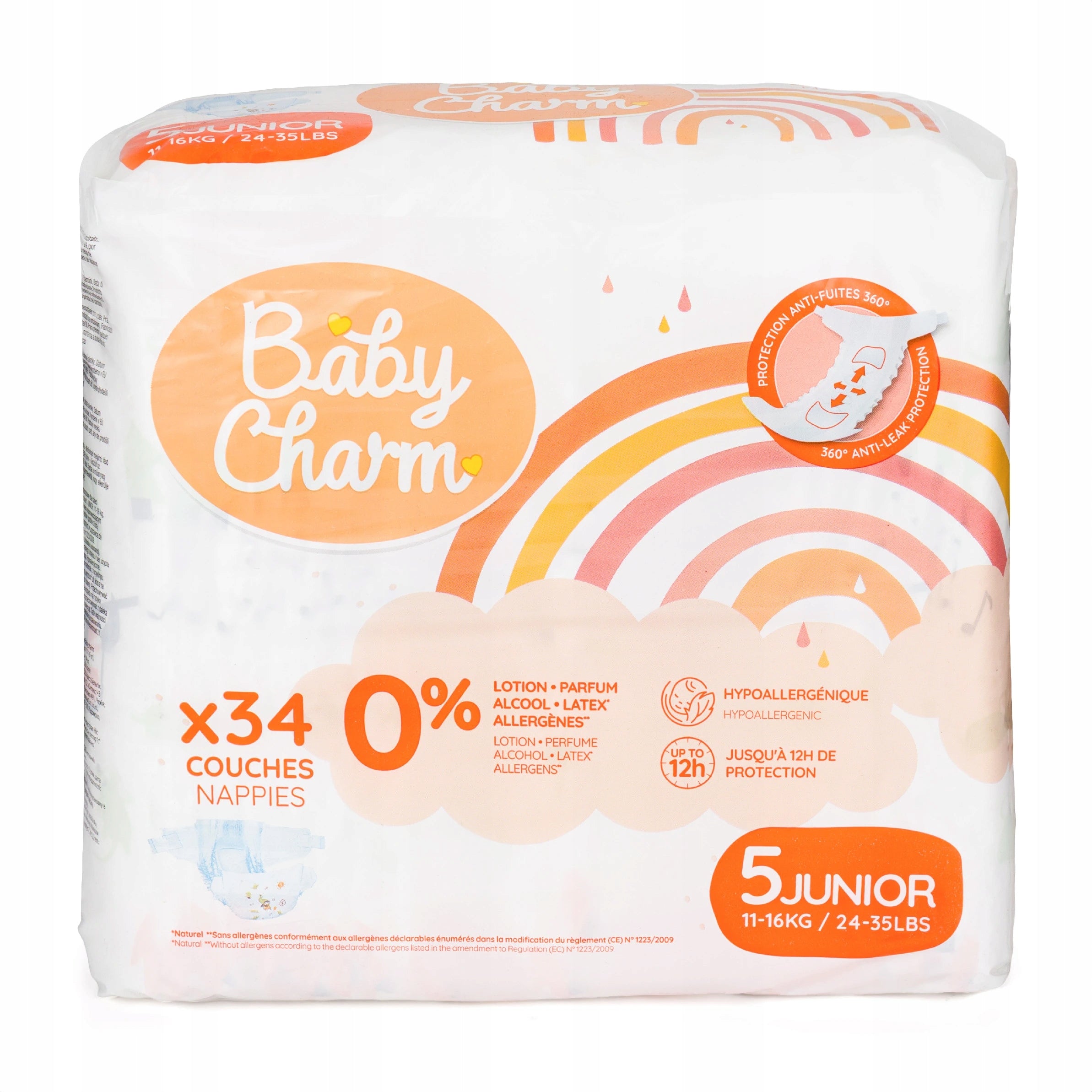 Pieluchy BabyCharm 5 Junior 11-16 kg 34 szt Premium Super Dry Flex TANIO Packaging status original