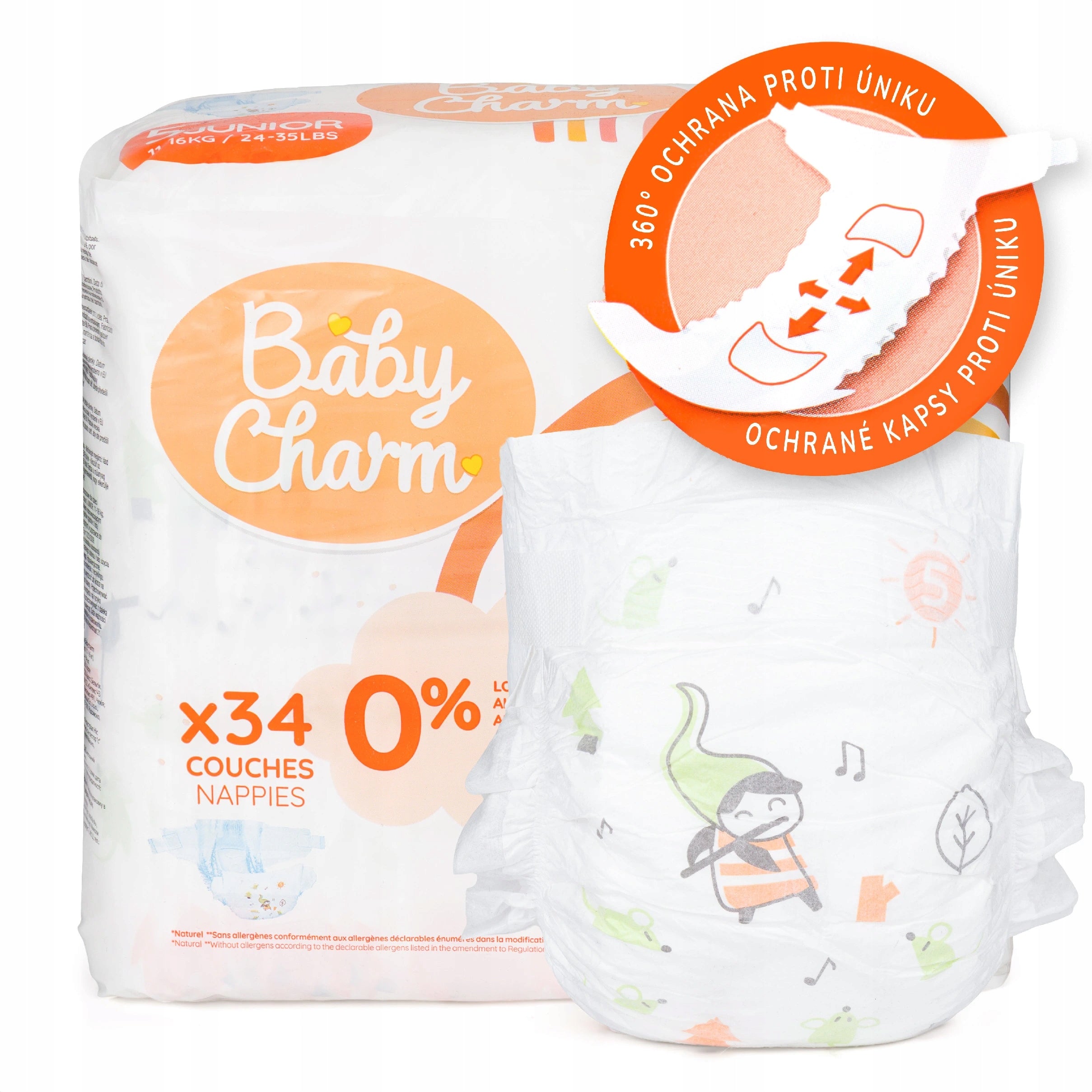 Pieluchy BabyCharm 5 Junior 11-16 kg 34 szt Premium Super Dry Flex TANIO