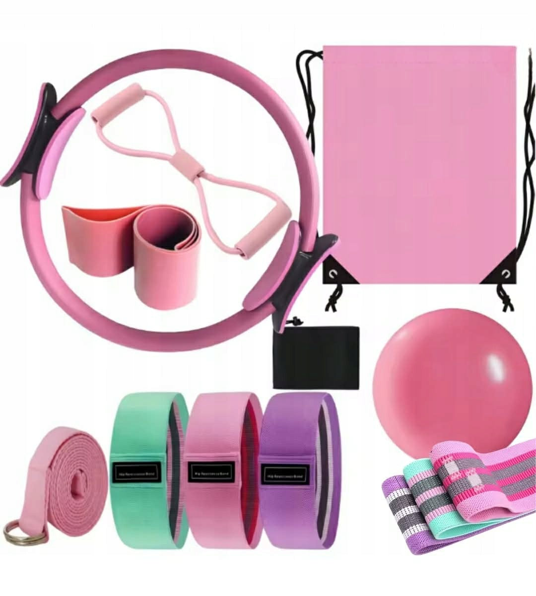 Pilates Fitness Yoga Set 10in1 Exercise Wheel for Pilates Resistance Bands Roses