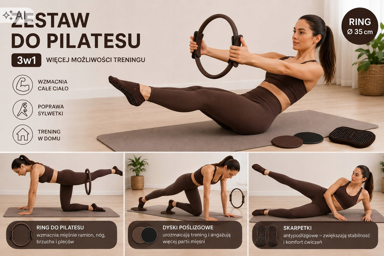 Pilates Ring Set 35 cm Slip Discs Socks Brown Brand no brand