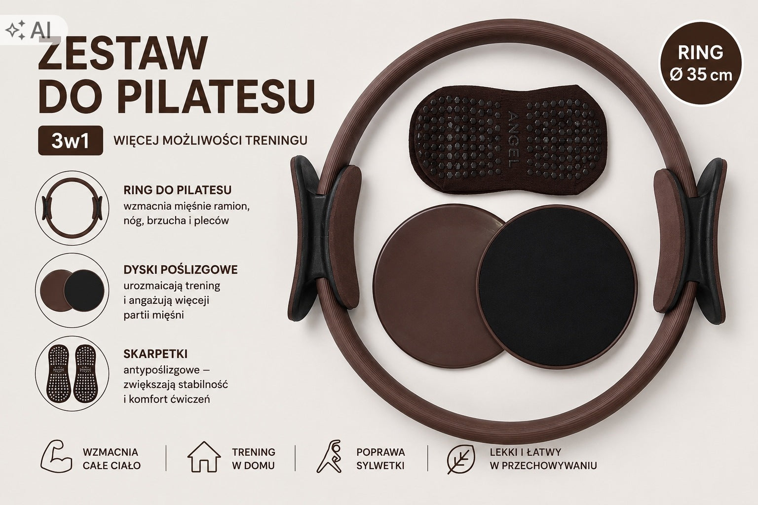 Pilates Ring Set 35 cm Slip Discs Socks Brown Manufacturer code OEM-1