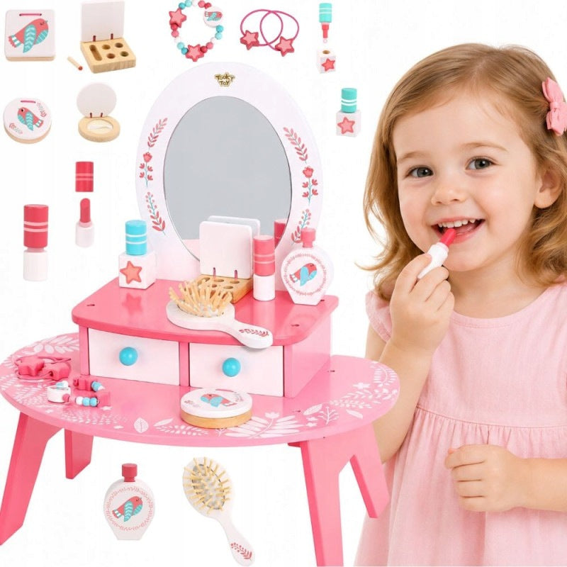 Pink Makeup Wooden Dressing Table with Mirror Tooky Toy Packaging status original