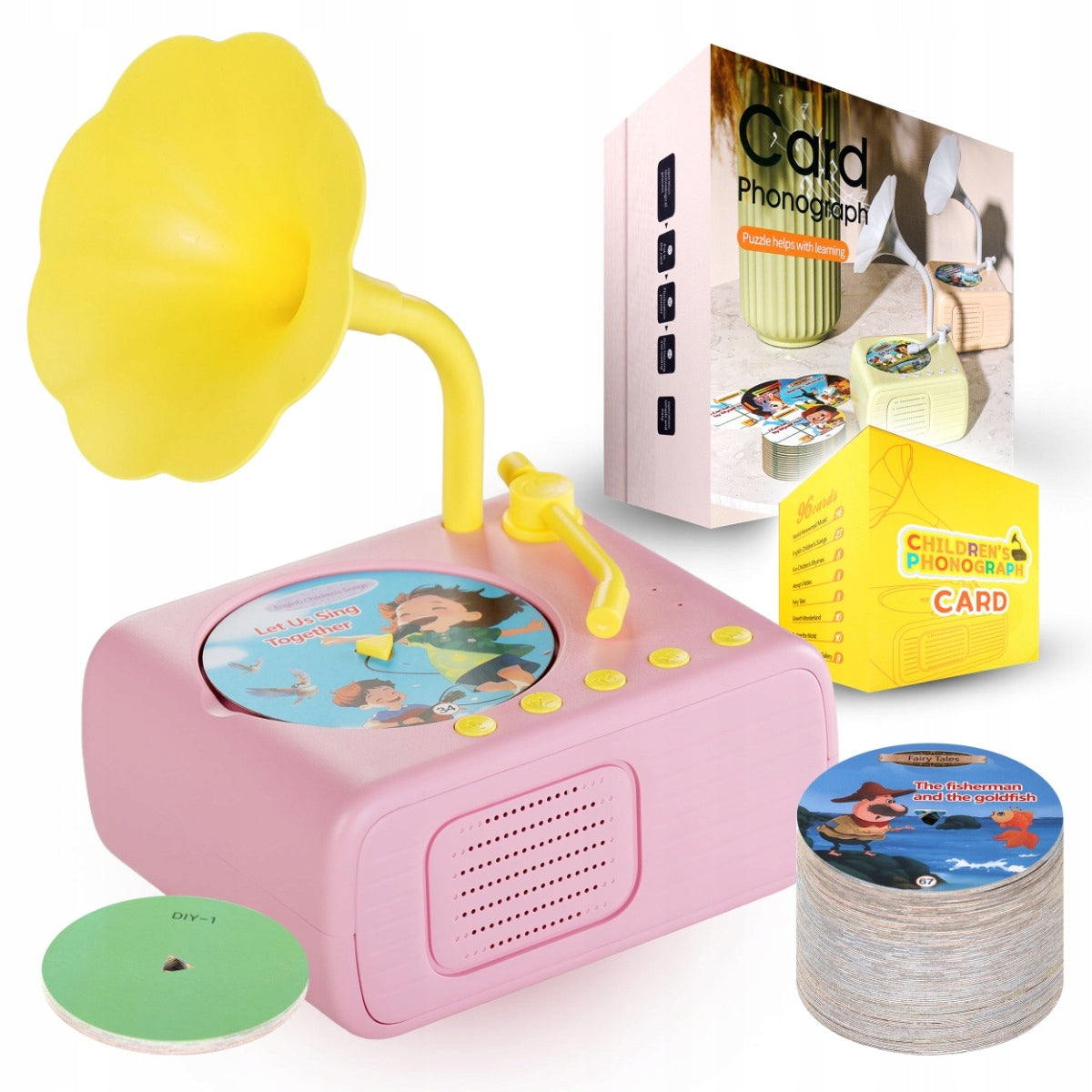 Pink Music Mixer Turntable for Kids + 96 Cards and Music Recording Packaging status original