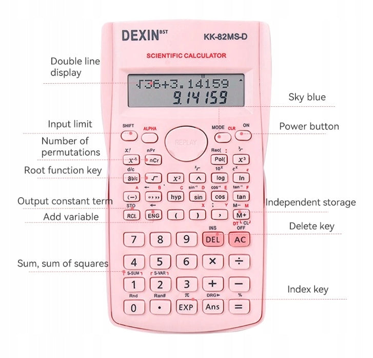 Pink Scientific Calculator 2 lines 240 School Functions Manufacturer code Różowy Kalkulator Naukowy 2 linie