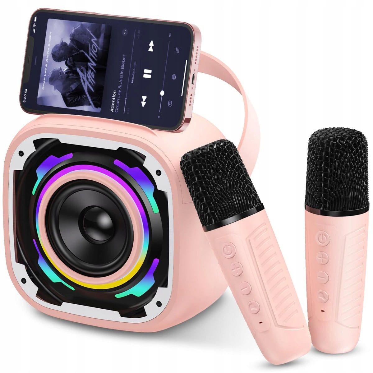 Pink Wireless Bluetooth RGB LED Karaoke Kit + 2 Microphones Packaging status original