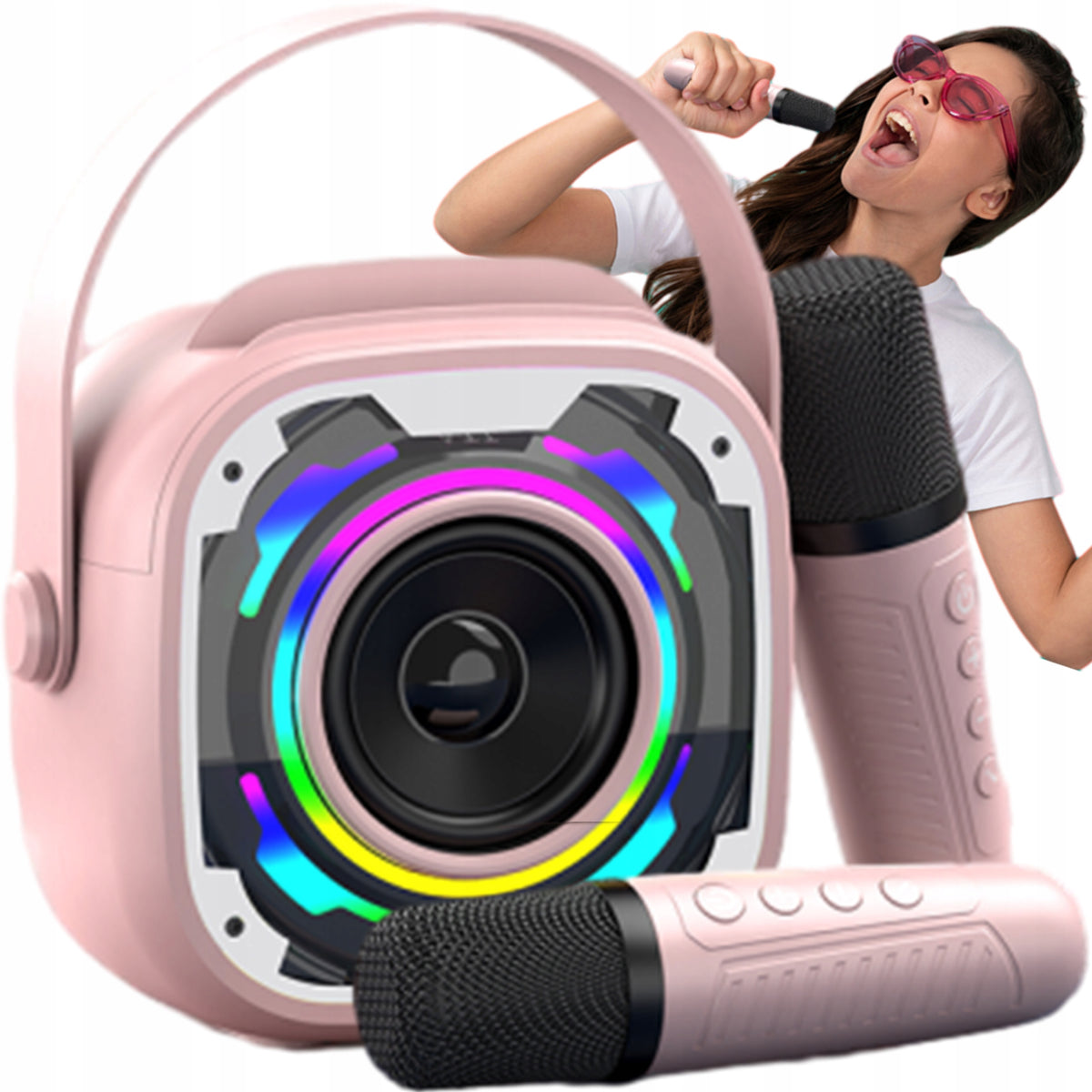 Pink Wireless Bluetooth RGB LED Karaoke Kit + 2 Microphones