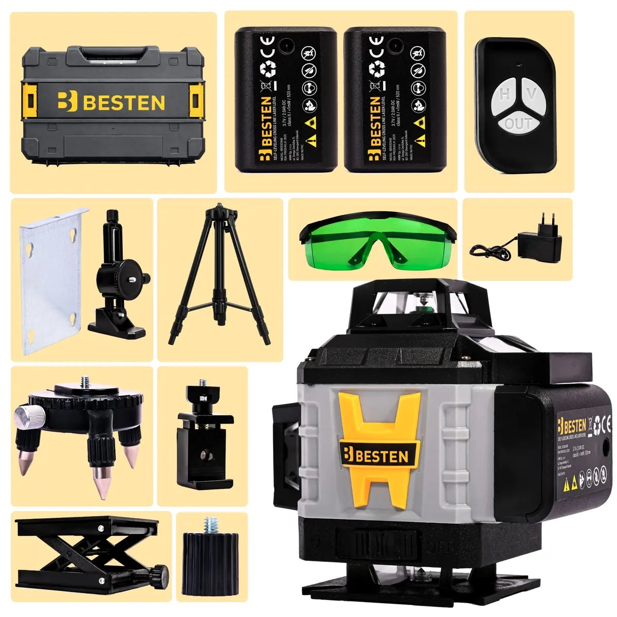 Plane Laser Level Cross Laser 16 Lines 360 Tripod 4D 2Xaku Model BE-2848 Poziomica laserowa 4D zestaw XXL BESTEN