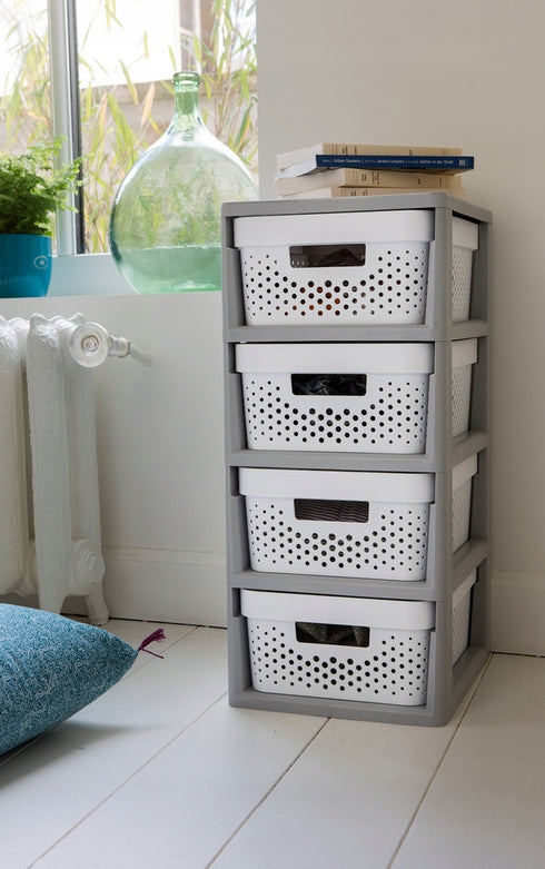 Plastic bookcase with 4 drawers 11L on wheels – Curver openwork organizer Brand Keter