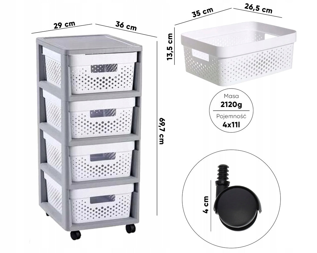 Plastic bookcase with 4 drawers 11L on wheels – Curver openwork organizer Manufacturer code 271243
