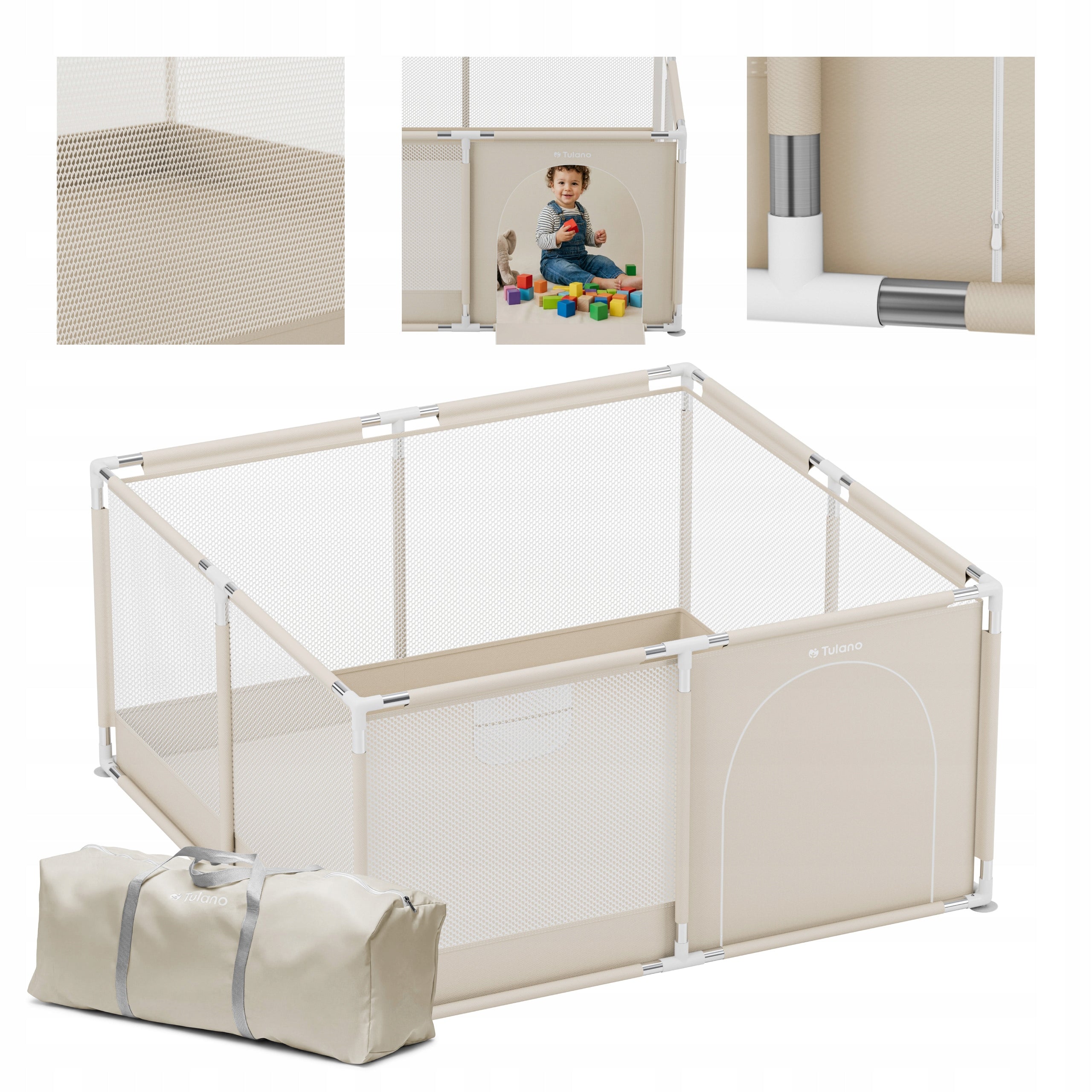 Playpen for children TULANO beige folding dry pool square toys 130x130 cm