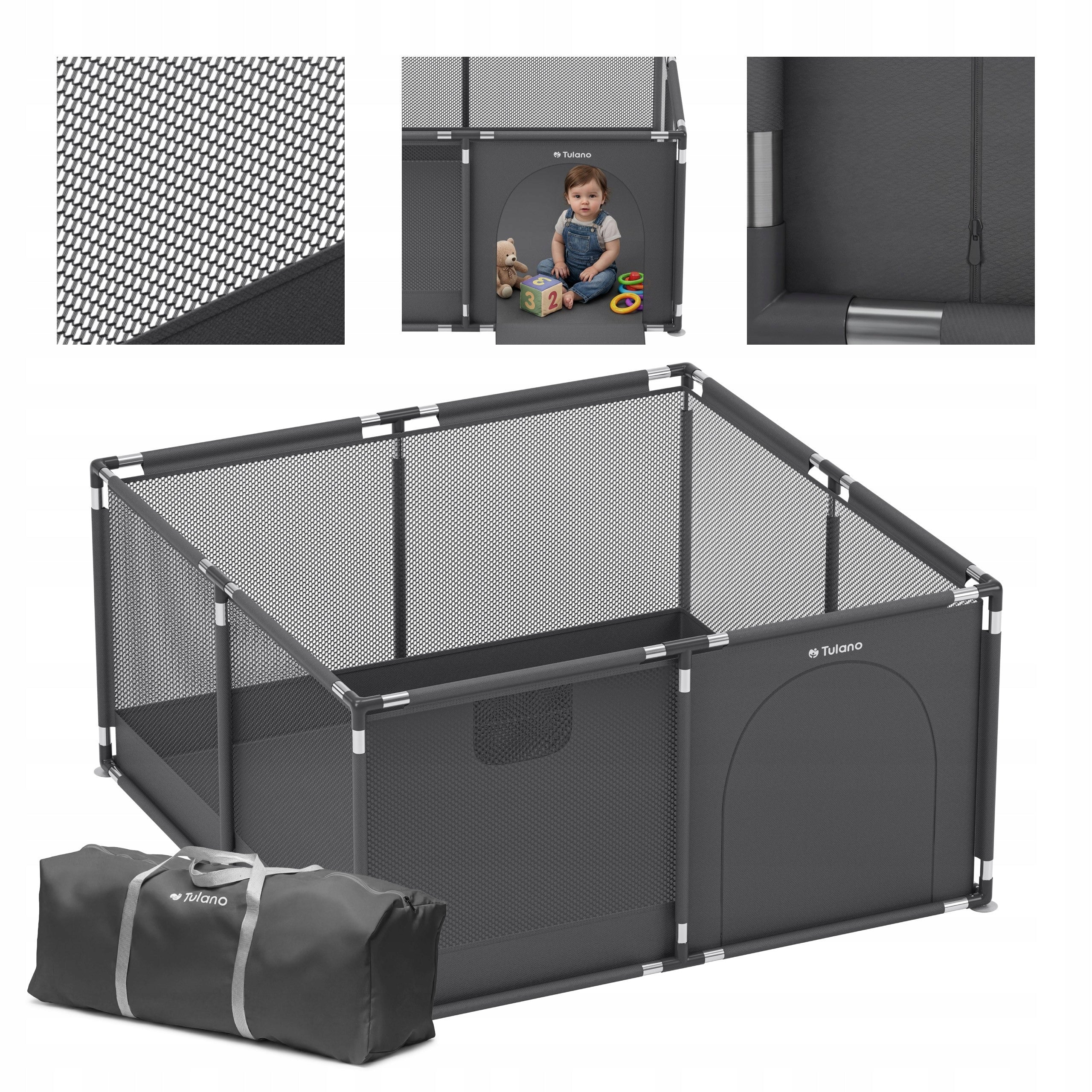 Playpen for children TULANO graphite folding dry pool square toys 130x130 cm
