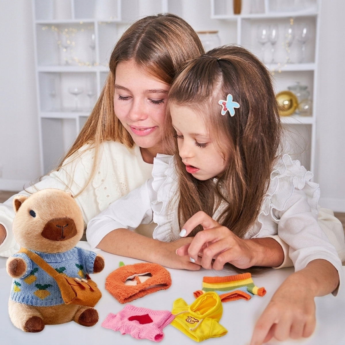 Plush capybara with 8 clothes and accessories, height 25 cm. Kid's age 3＋ years