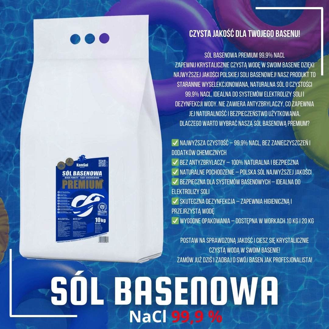 Poland Kamsol Premium pool salt for swimming pools and jacuzzi 99,9% NaCl!!! 10 kg Manufacturer code 1000_KAMSOL_PREMIUM_SOL_BASENOWA 10 KG