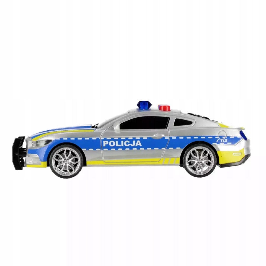 Police police car drive, speaks in Polish the sound of slipping, escaping. Kid's age 3＋ years