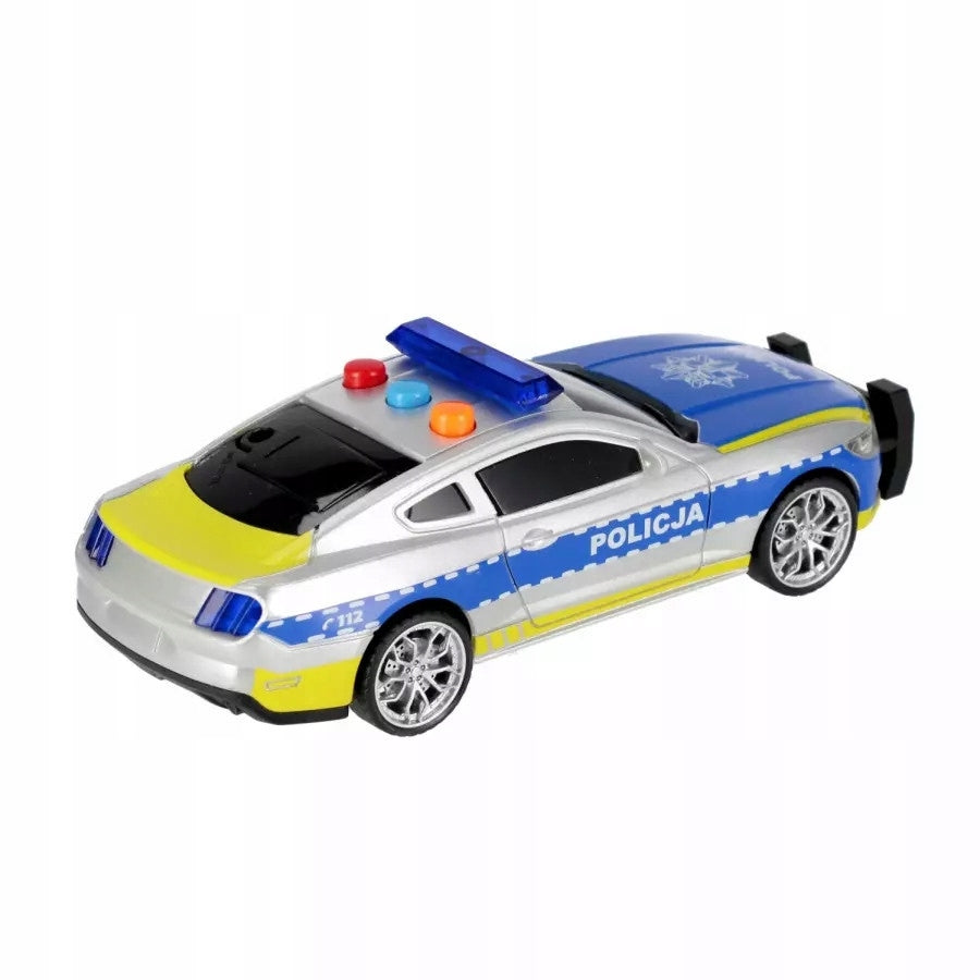 Police police car drive, speaks in Polish the sound of slipping, escaping.