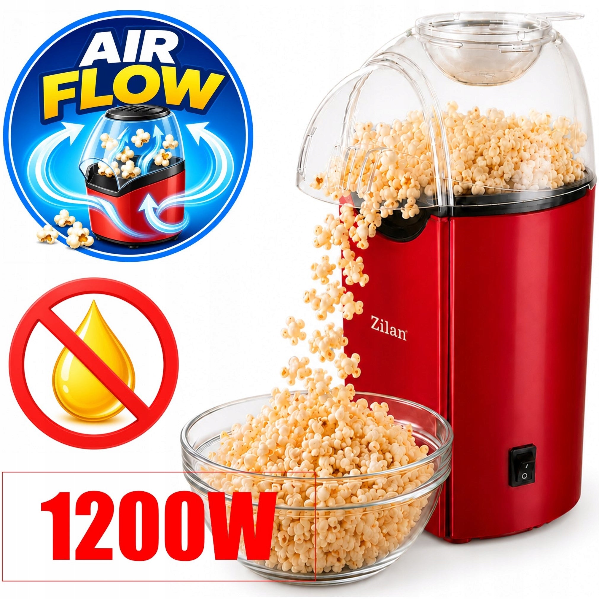 Popcorn MAKER WITHOUT FAT AIR FLOW 1200W Brand Zilan