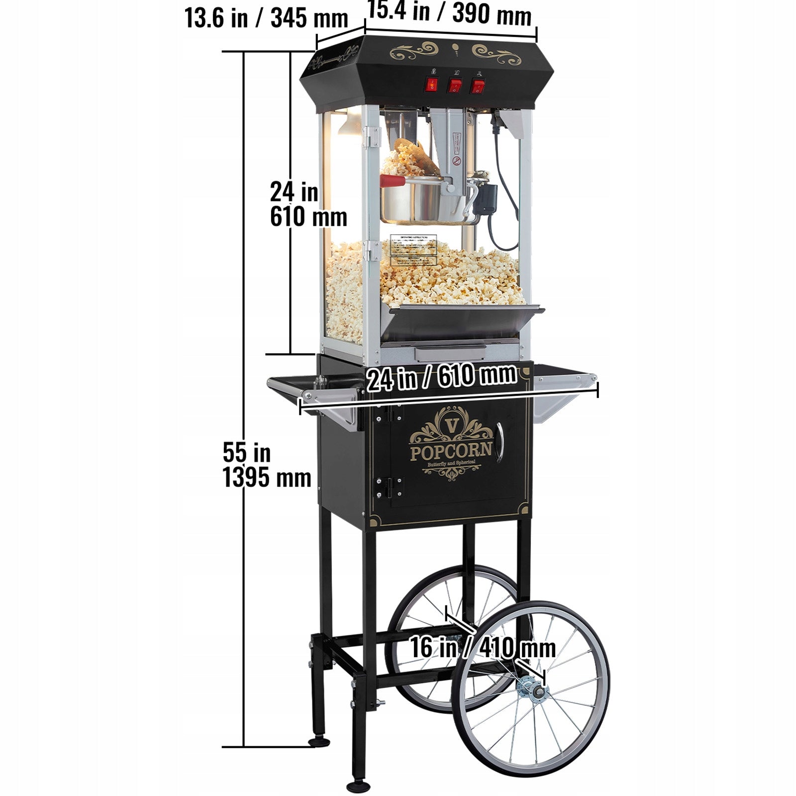 Popcorn Machine Black 850W 8Oz 48 Cups With Stroller And LED Light Manufacturer code CSBMHJ