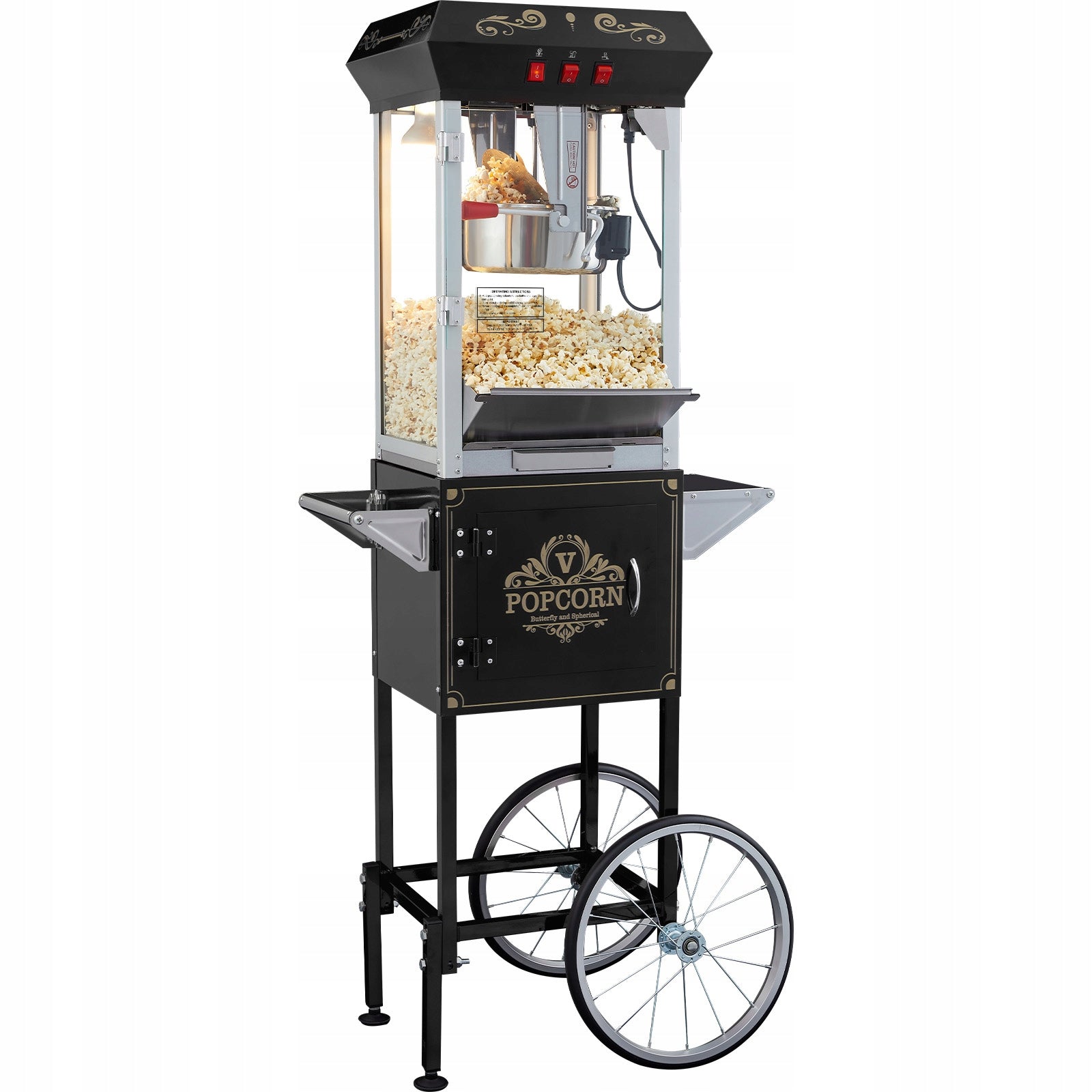 Popcorn Machine Black 850W 8Oz 48 Cups With Stroller And LED Light
