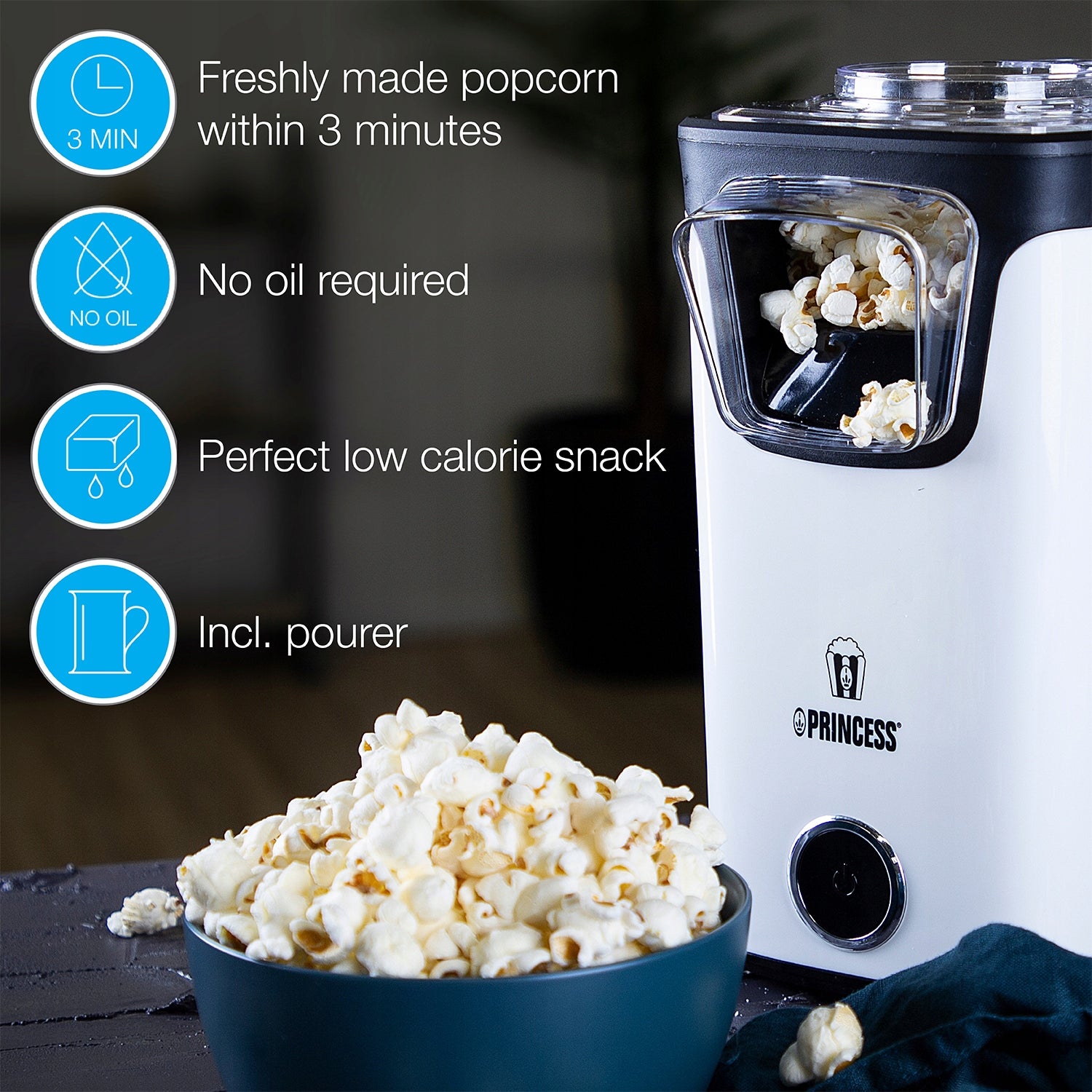 Popcorn Maker Princess 292986 – Hot Air, No Oil, 3 Min, Dishwasher Safe Packaging status original