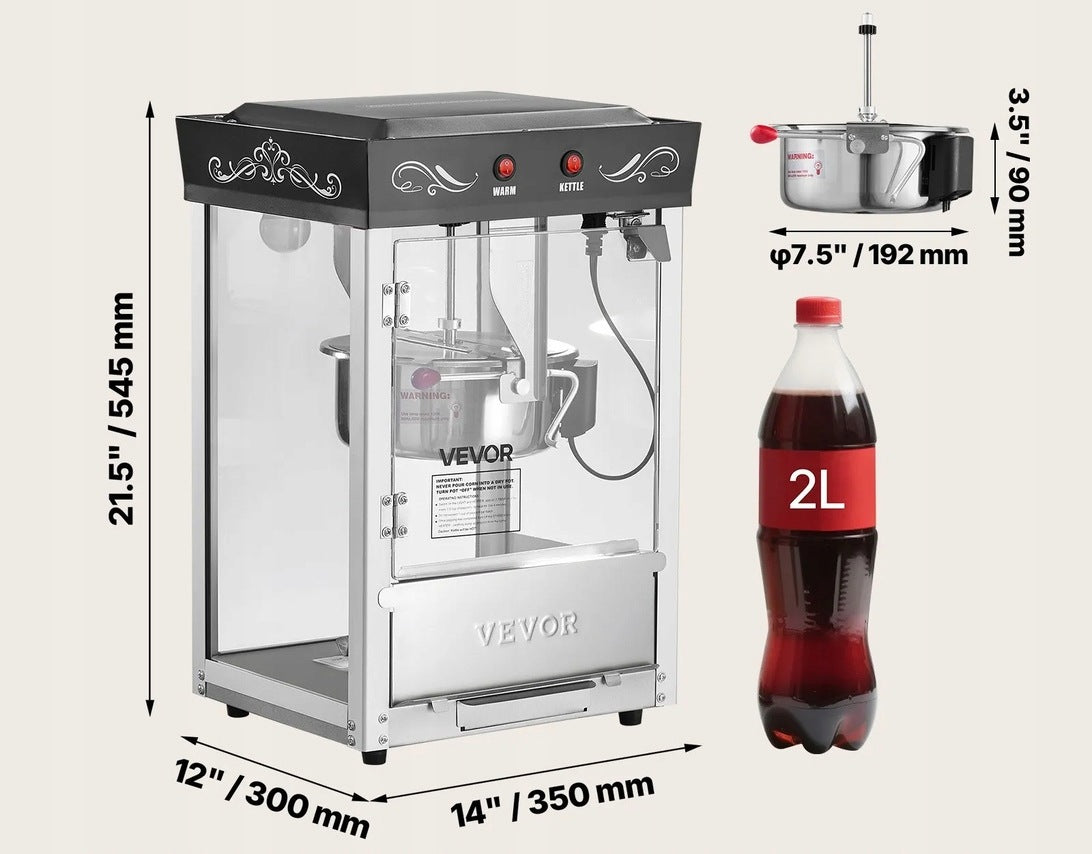 Popcorn machine automatic gastronomy device 800W premium black steel Brand no brand