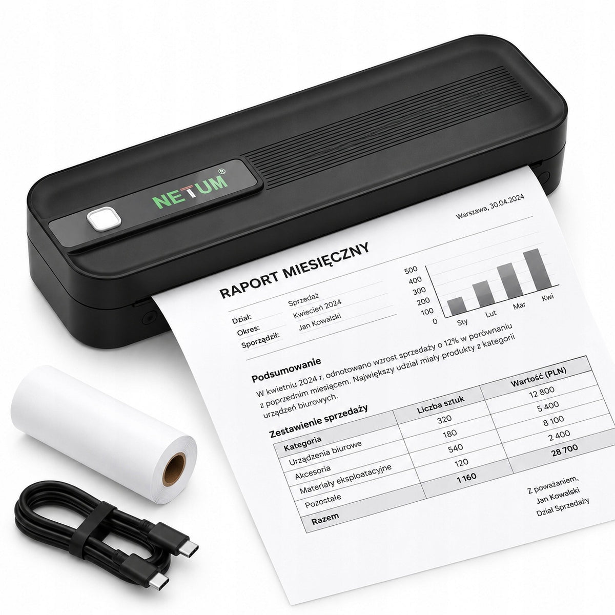 Portable A4 NETUM Bluetooth Thermal Printer Without Ink 203DPI 2600mAh