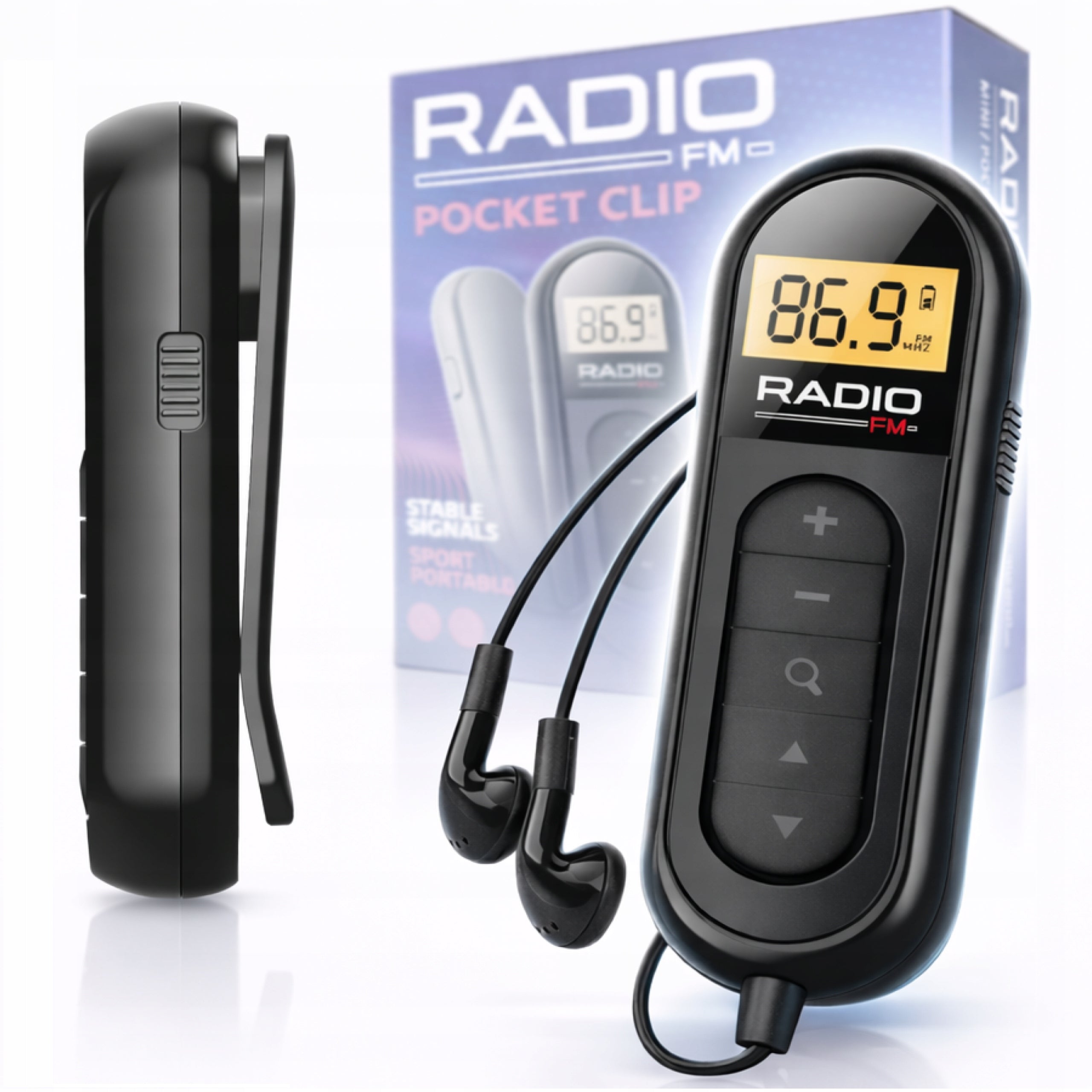 Portable Black FM Radio Mini Pocket with USB Rechargeable Headphones