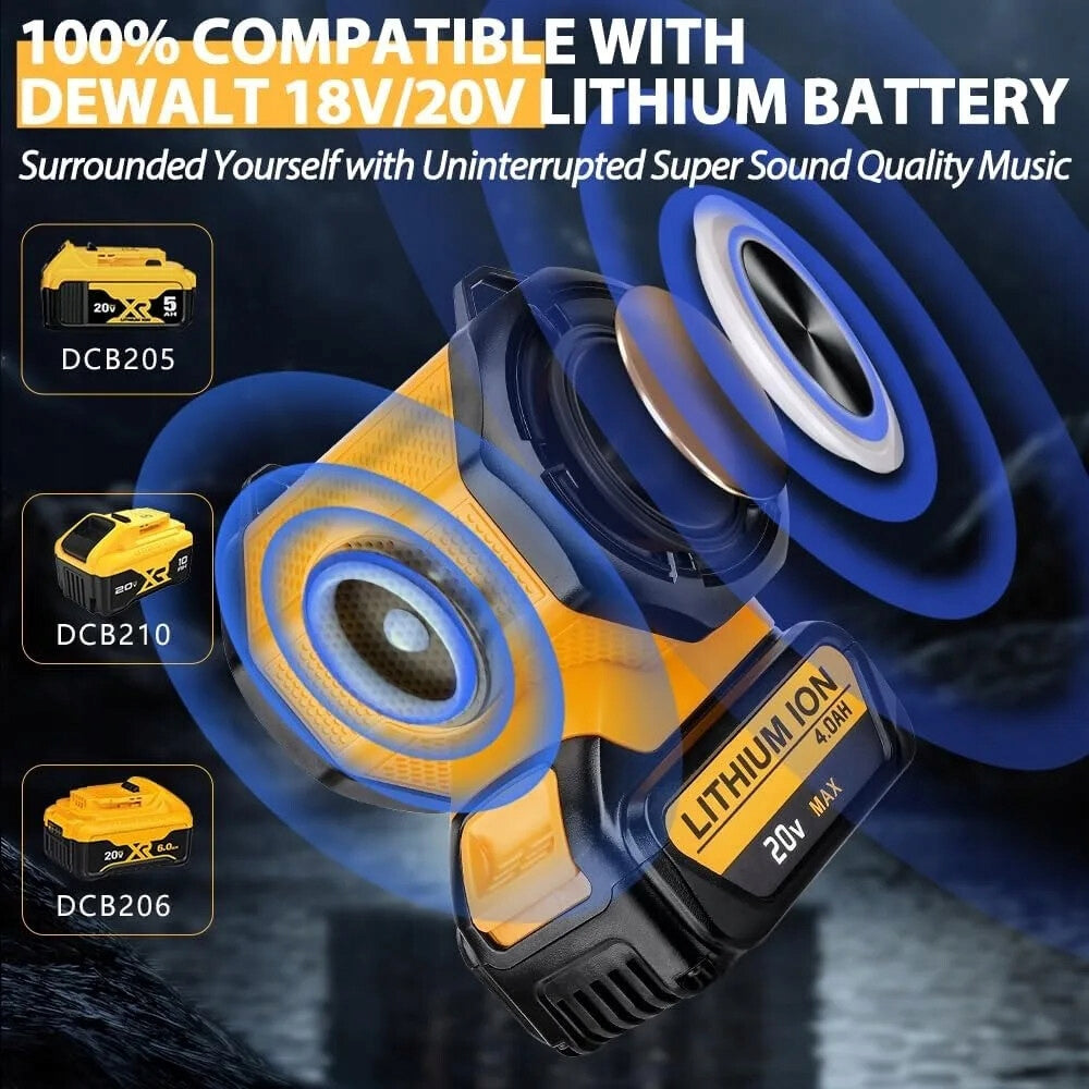Portable Bluetooth Speaker For Dewalt 20V Li-ion Battery with USB Type-C Manufacturer code YX-YX007-DW-Yellow