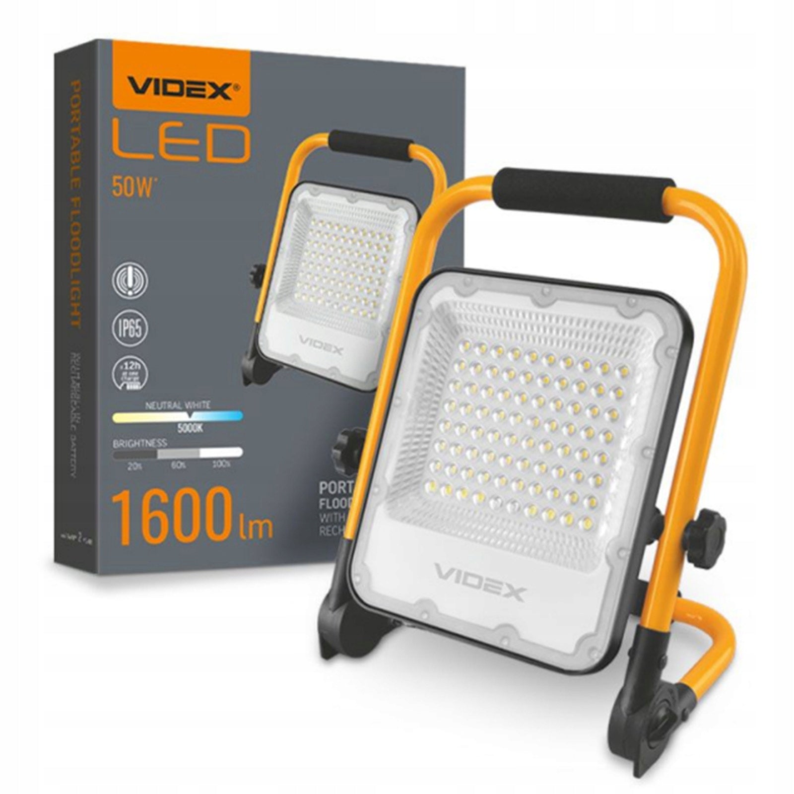 Portable LED Floodlight 50W 1600lm 5000K USB-C Powerbank Adjustable VIDEX